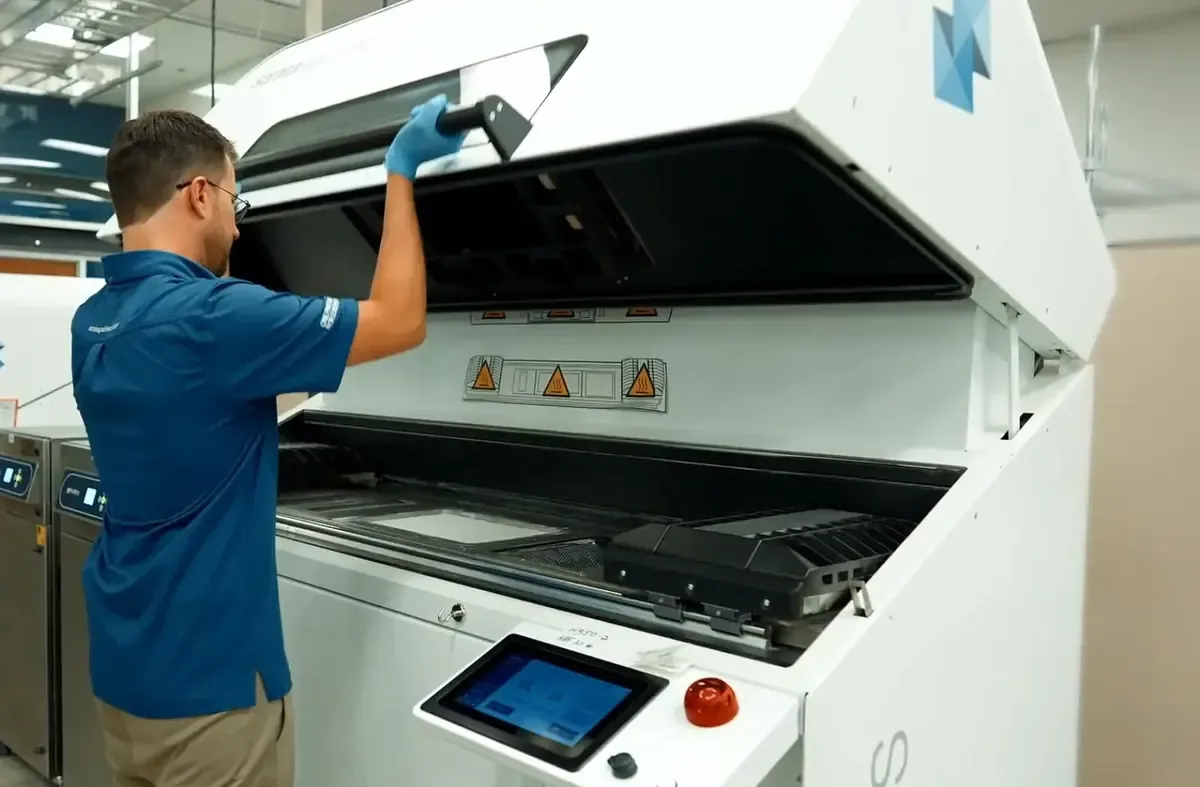 Operator wyjmuje komorę z drukarki Stratasys H350