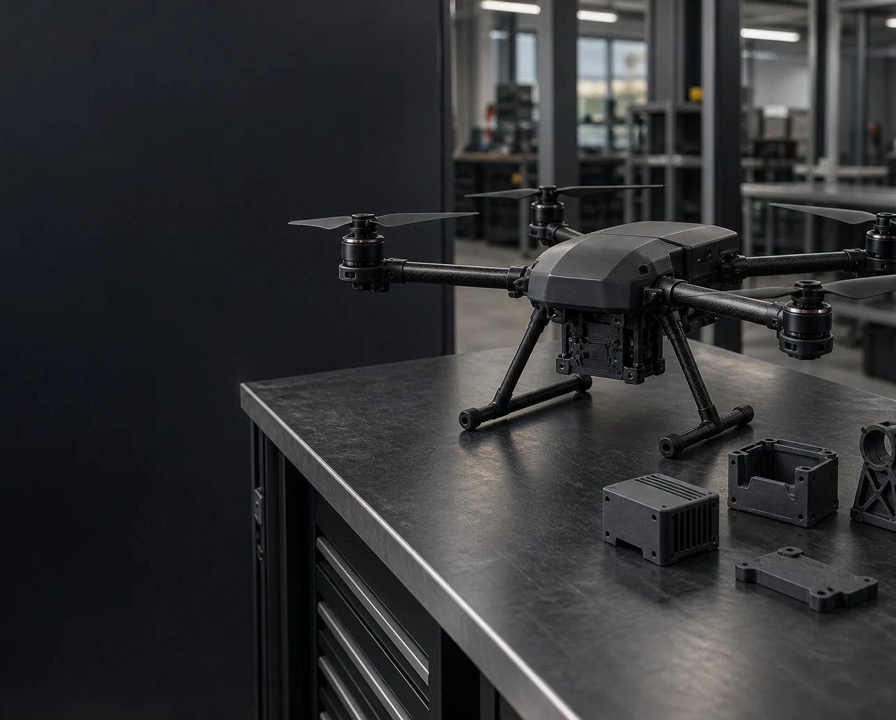 Dron i komponenty polimerowe na stole montażowym w hali produkcyjnej