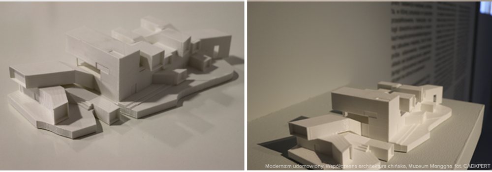 Białe makiety architektury chińskiej z PLA na wystawie w Muzeum Manggha