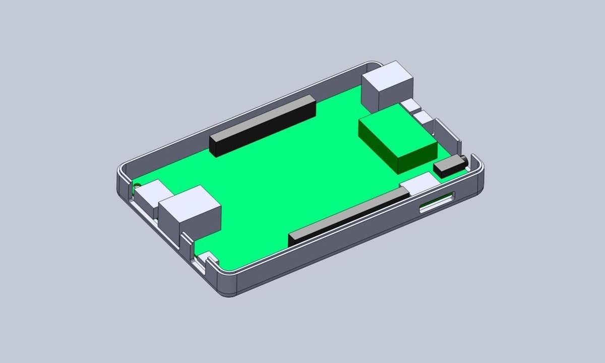 Model CAD: położenie płytki PCB i otworów pod złącza w obudowie