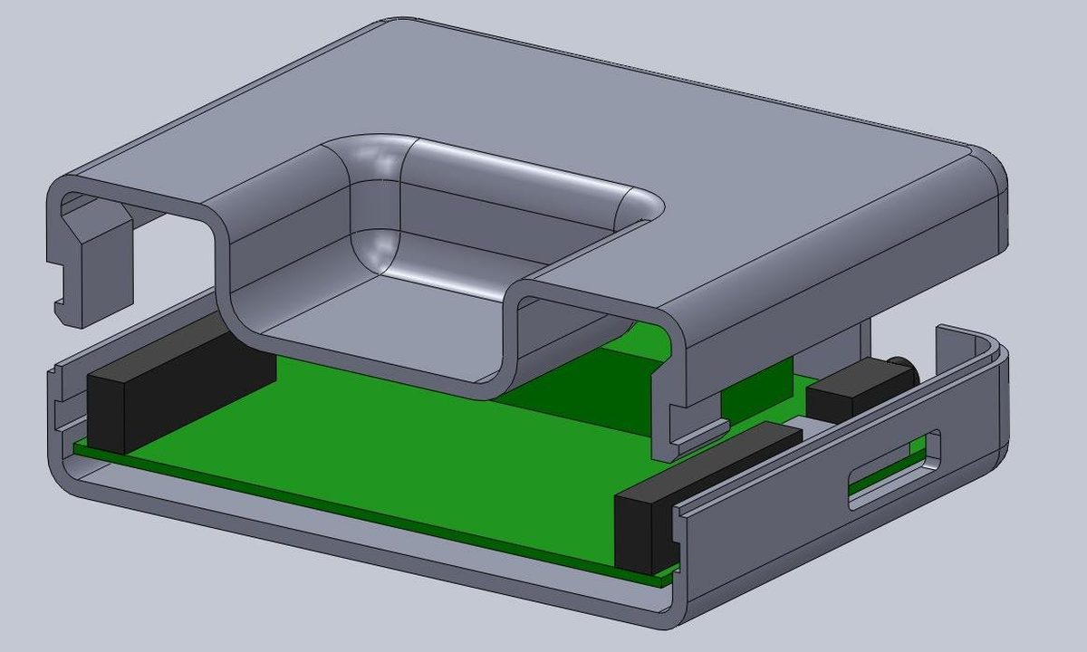 Model CAD: przekrój obudowy elektroniki z pokrywą