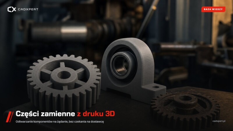 Części zamienne z druku 3D, koło zębate i oprawa łożyska obok zużytego oryginału