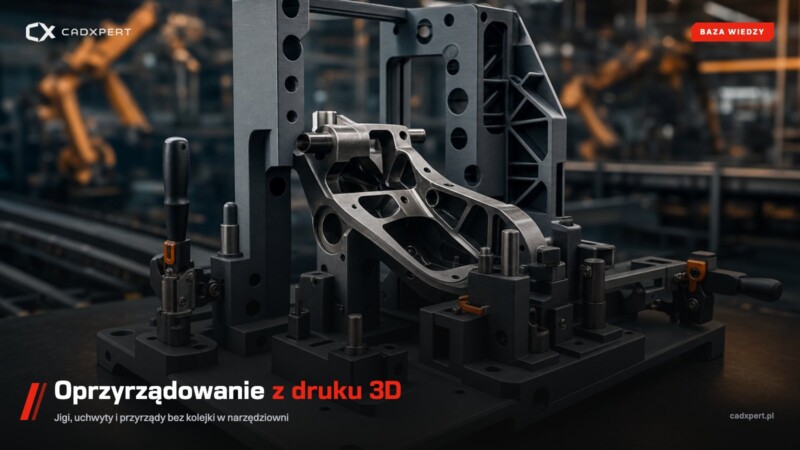 Oprzyrządowanie z druku 3D, przyrząd montażowy z dociskami i element metalowy