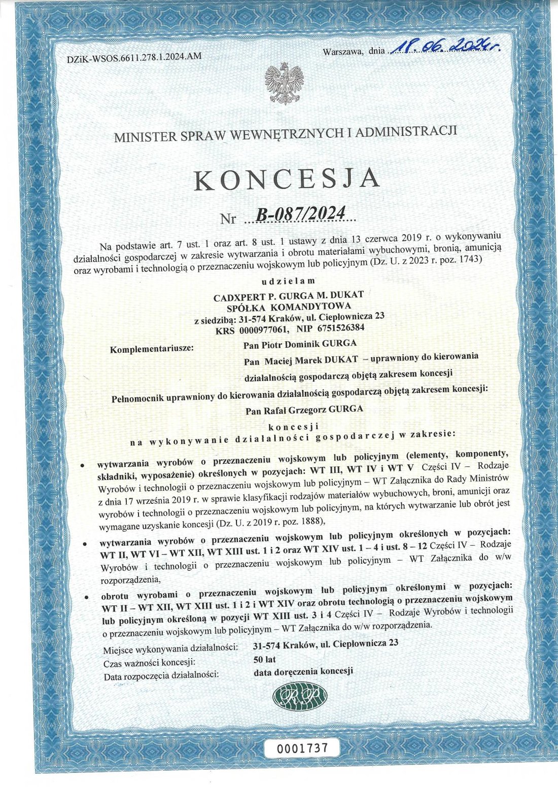 Koncesja MSWiA nr B-087/2024 wydana CADXPERT