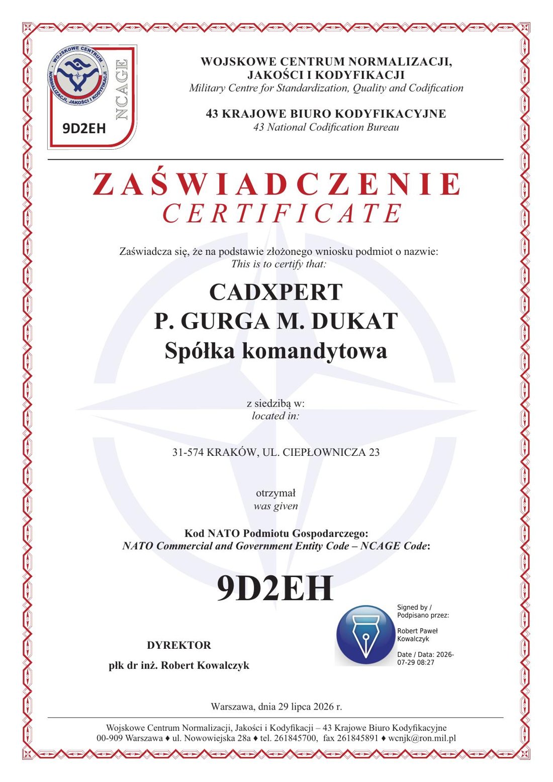 Zaświadczenie o nadaniu kodu NCAGE 9D2EH przez WCNJiK